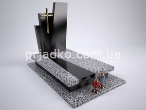 На фото 3D проект одинарного памятника, из комбинированного гранита Покостовка и чёрного габбро. Памятник на одного с крестом, изготовление в Киеве по приемлемой цене сегодня. Стоимость 3d проекта одинарного памятника 850 грн.