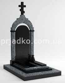 На фото создание 3D проекта памятника с колоннам и аркой. Комбинированный памятник из гранита Покостовка и чёрного габбро с крестом, изготовление в Киеве. Цена 3D проекта 950 грн.